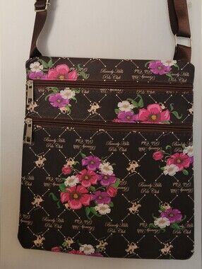 Floral Crossbody Shoulder Bag - Brown with Pink Accents